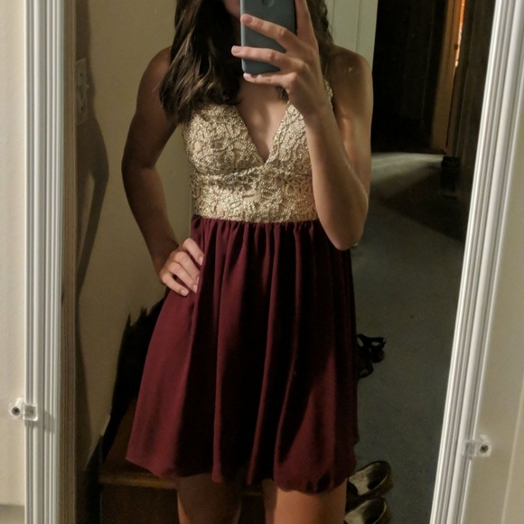 Gold and Maroon v-neck chiffon homecoming dress - Picture 1 of 2